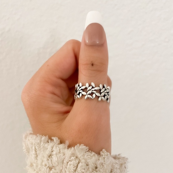 925 Sterling Silver Flower Ring Geometric Ring Leaf Ring Silver Chunky Ring - Picture 9 of 10